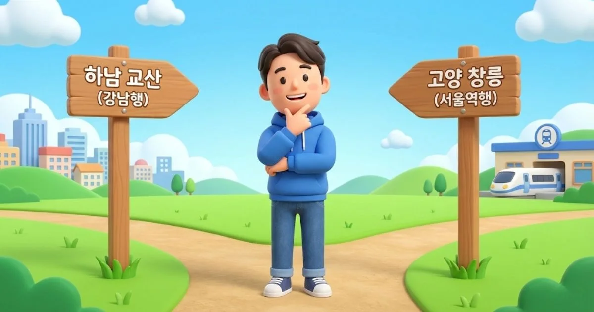 귀여운 3D 한국인 캐릭터가 하남 교산과 고양 창릉을 가리키는 이정표 갈림길 앞에서 행복한 고민을 하는 모습