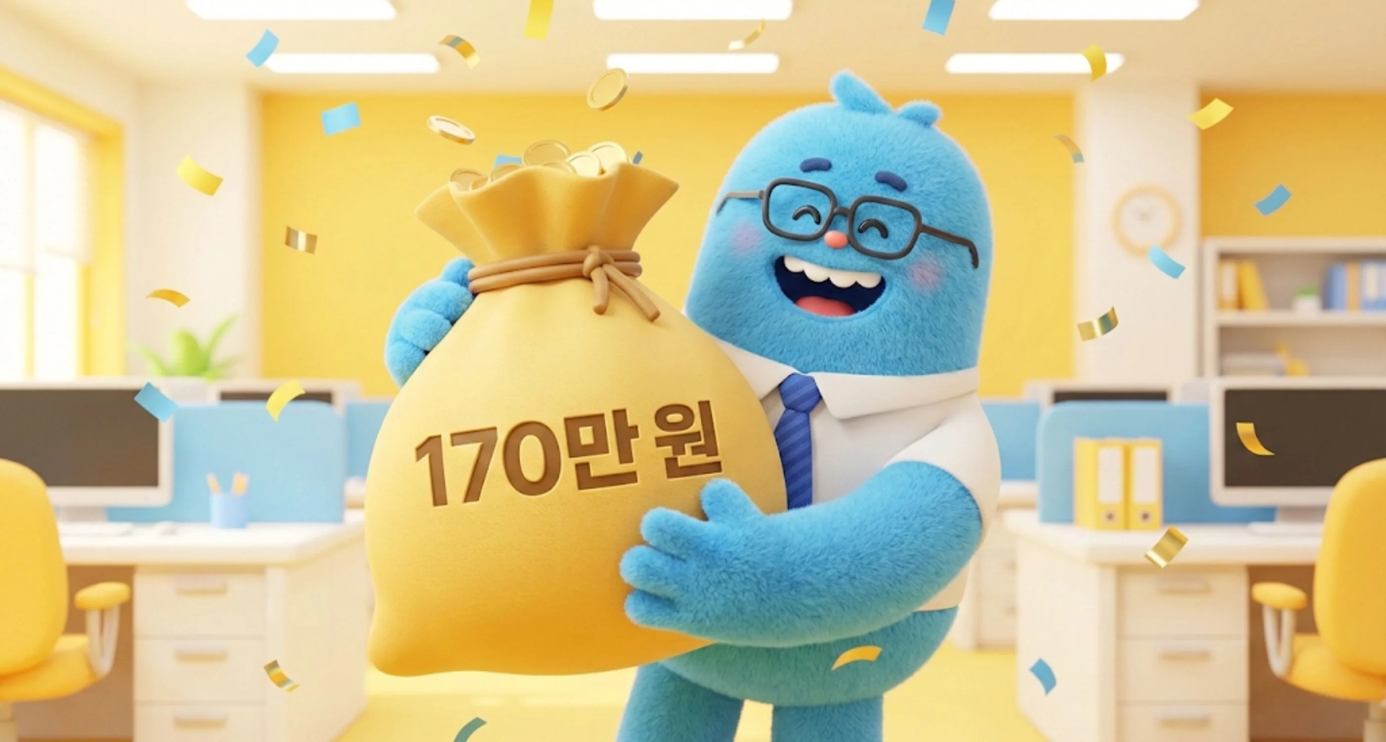귀여운 3D 캐릭터가 170만 원이라고 적힌 커다란 돈주머니를 안고 행복해하는 모습