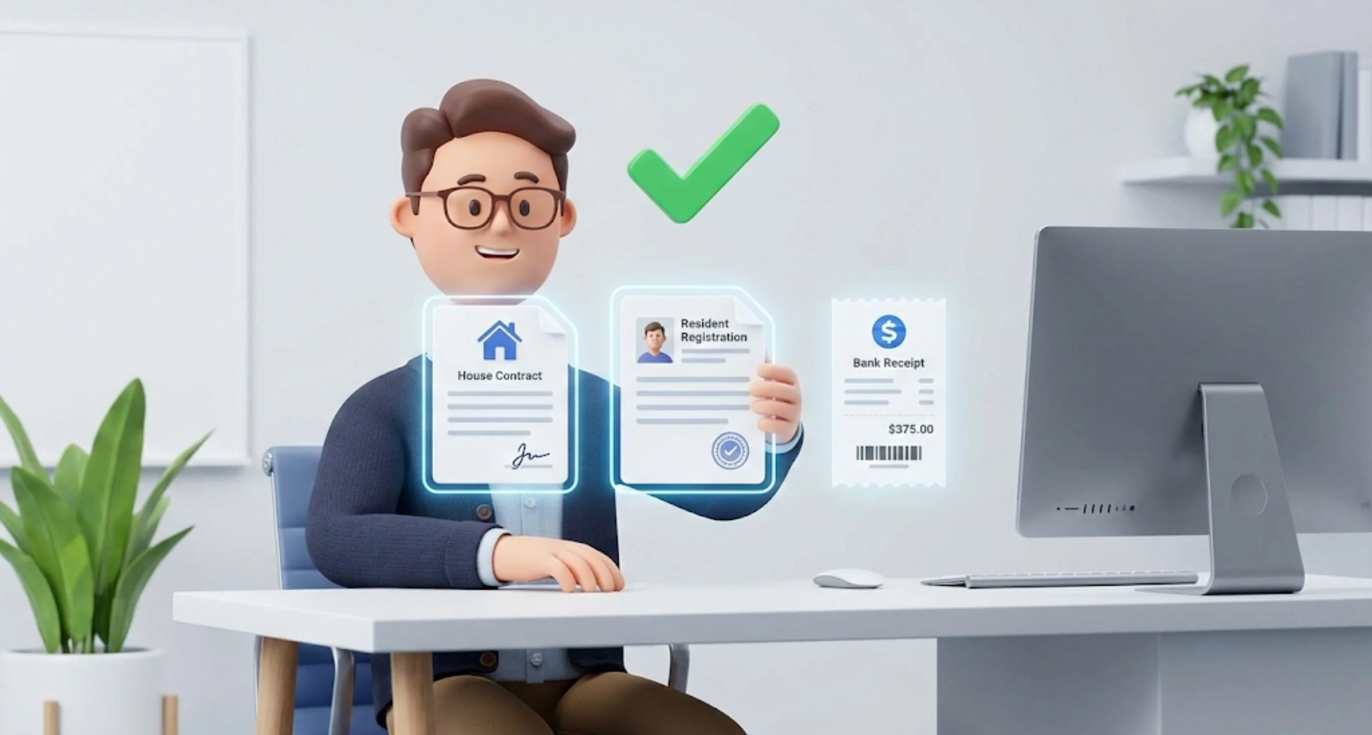 계약서, 등본, 이체확인증 아이콘을 차례대로 정리하며 체크하는 3D 캐릭터