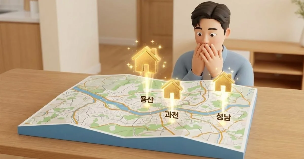 서울 지도가 펼쳐져 있고 용산, 과천 등 핵심 지역에 집 모양 아이콘이 폭탄처럼 쏟아지는 모습을 보고 놀라는 귀여운 3D 캐릭터