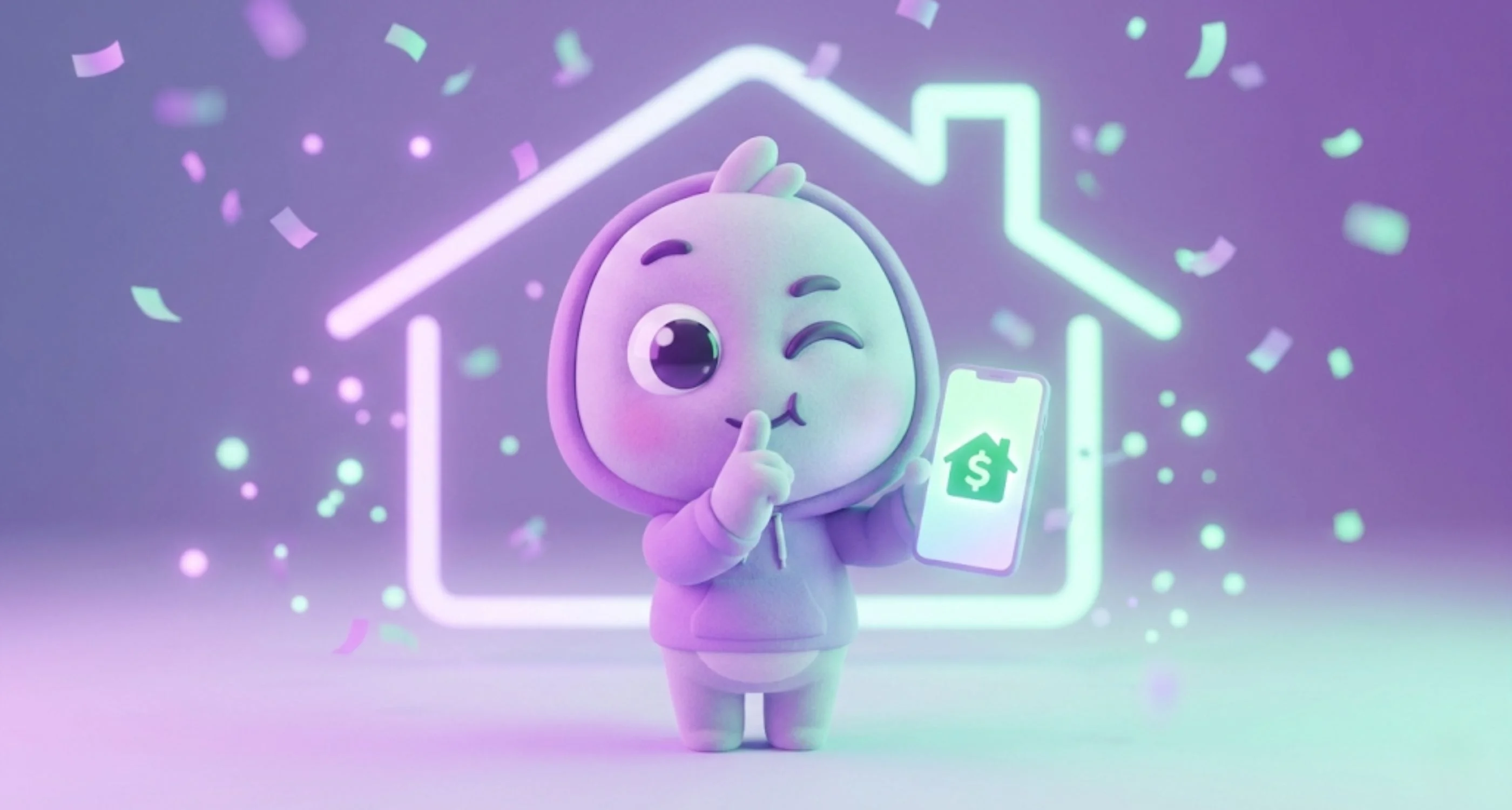 집주인 몰래 쉿! 하는 포즈를 취하며 스마트폰으로 몰래 월세 공제를 신청하는 귀여운 3D 캐릭터