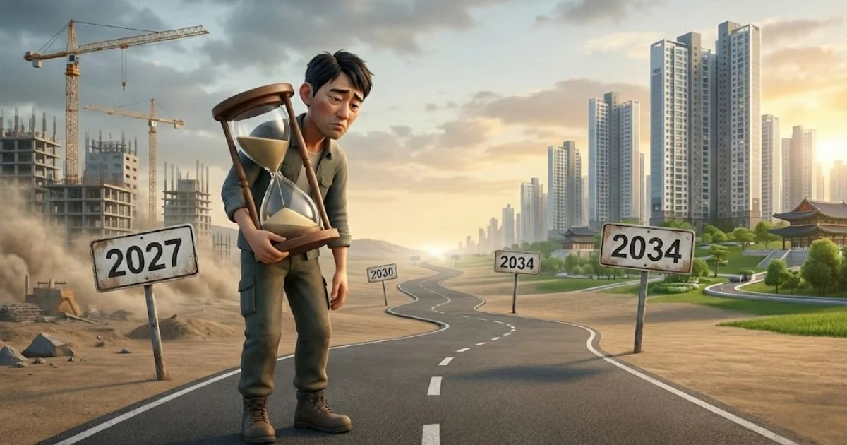 2026년부터 2034년까지의 긴 타임라인 위에서 모래시계를 들고 하염없이 기다리는 3D 캐릭터의 모습