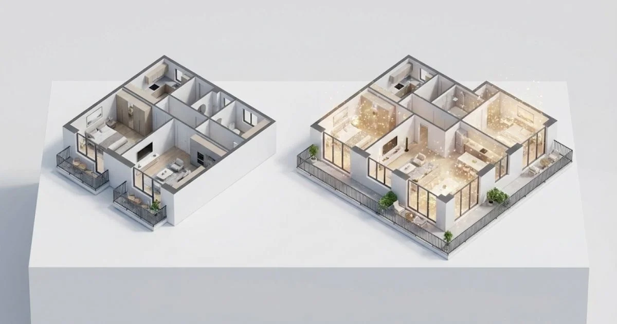 3Bay와 4Bay 아파트 구조의 차이와 확장 시 늘어나는 면적을 시각적으로 비교한 3D 아이소메트릭 인포그래픽