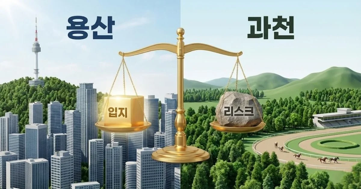 용산(남산타워)과 과천(경마장)의 가치와 리스크(장벽)를 저울질하는 3D 인포그래픽 이미지