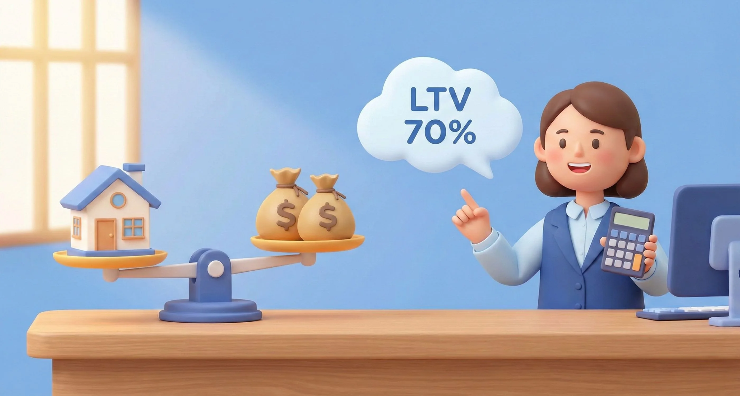 은행 창구에서 직원이 집 모형과 돈뭉치를 저울에 올려놓고 대출 한도를 설명하는 모습