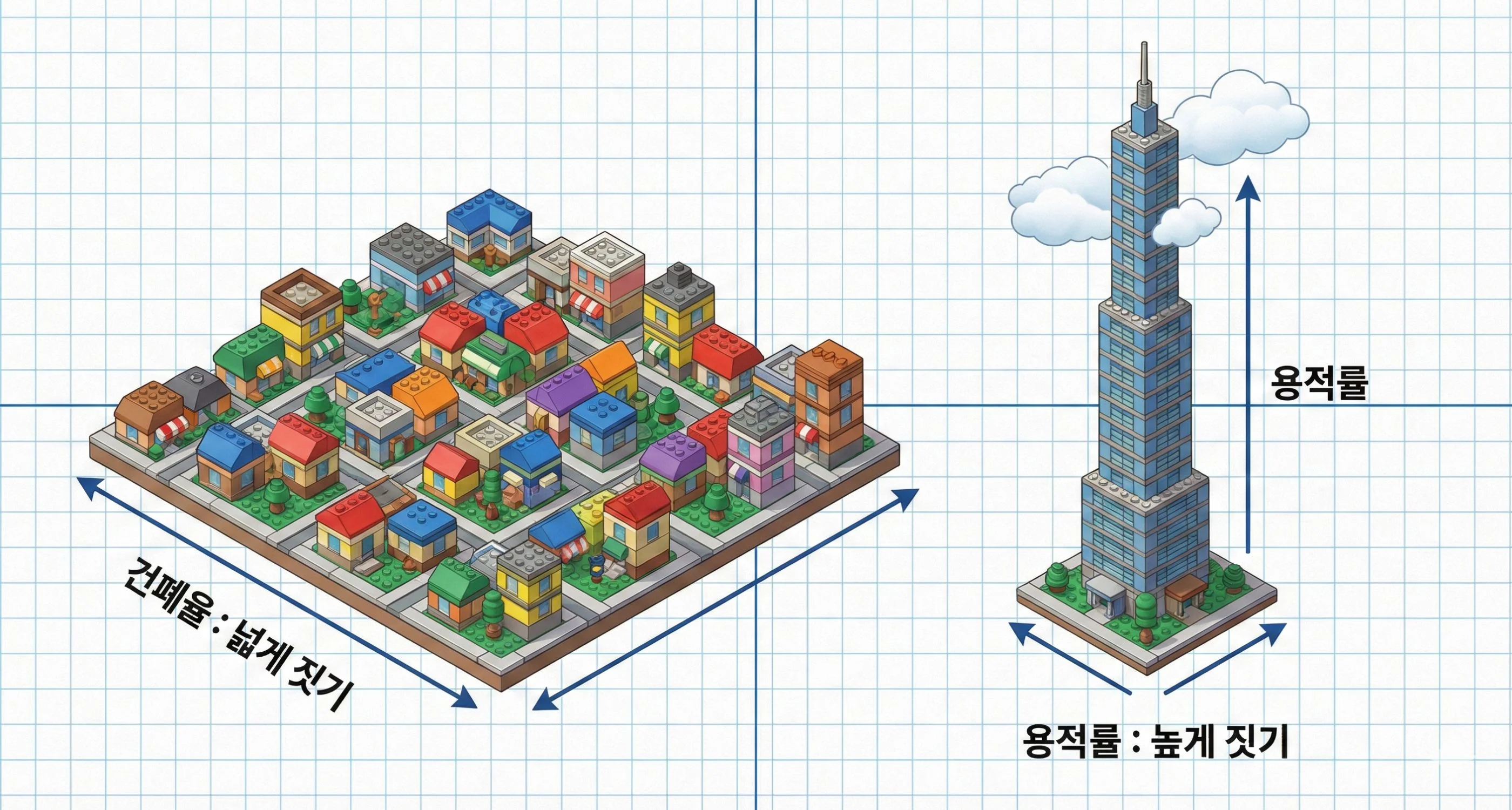 레고 블록을 사용하여 건폐율(넓이)과 용적률(높이)의 차이를 보여주는 비교 이미지