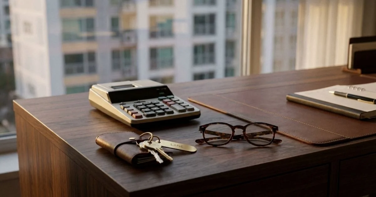 계산기와 집 열쇠가 복잡한 금융 서류 위에 놓여 있는 정적인 실사 이미지