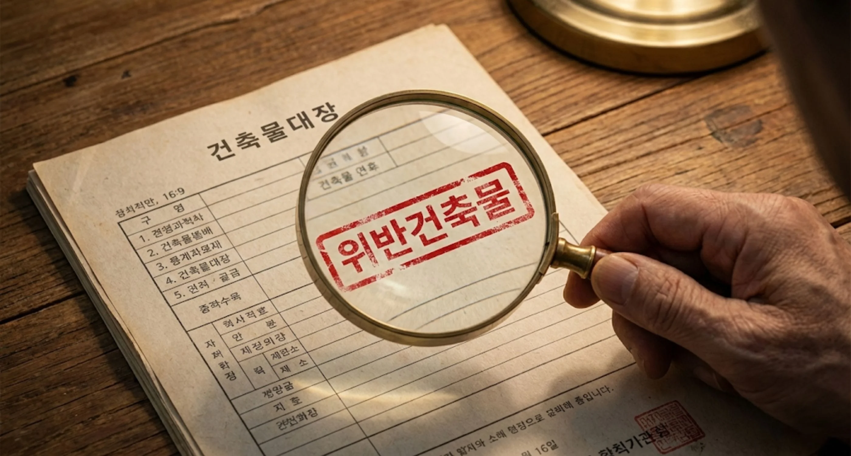 건축물대장 서류 위에 붉은색 '위반건축물' 도장이 찍혀 있고, 돋보기로 이를 확인하는 모습