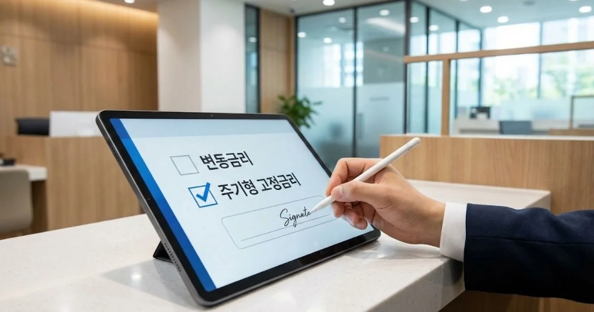 태블릿 PC 화면에 뜬 '주기형 고정금리' 옵션을 선택하고 전자 서명을 하는 손 클로즈업 실사