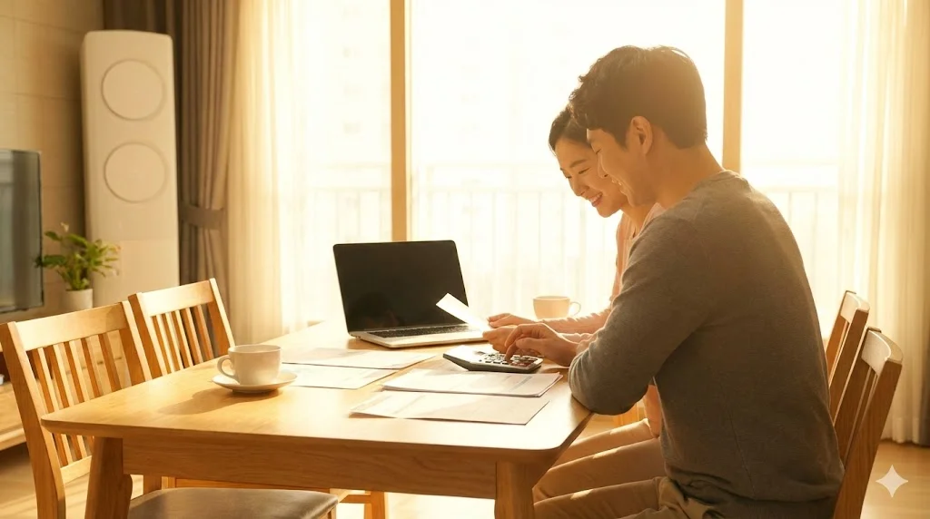 공동명의를 통해 세금을 절약하고 안도하는 30대 부부의 모습