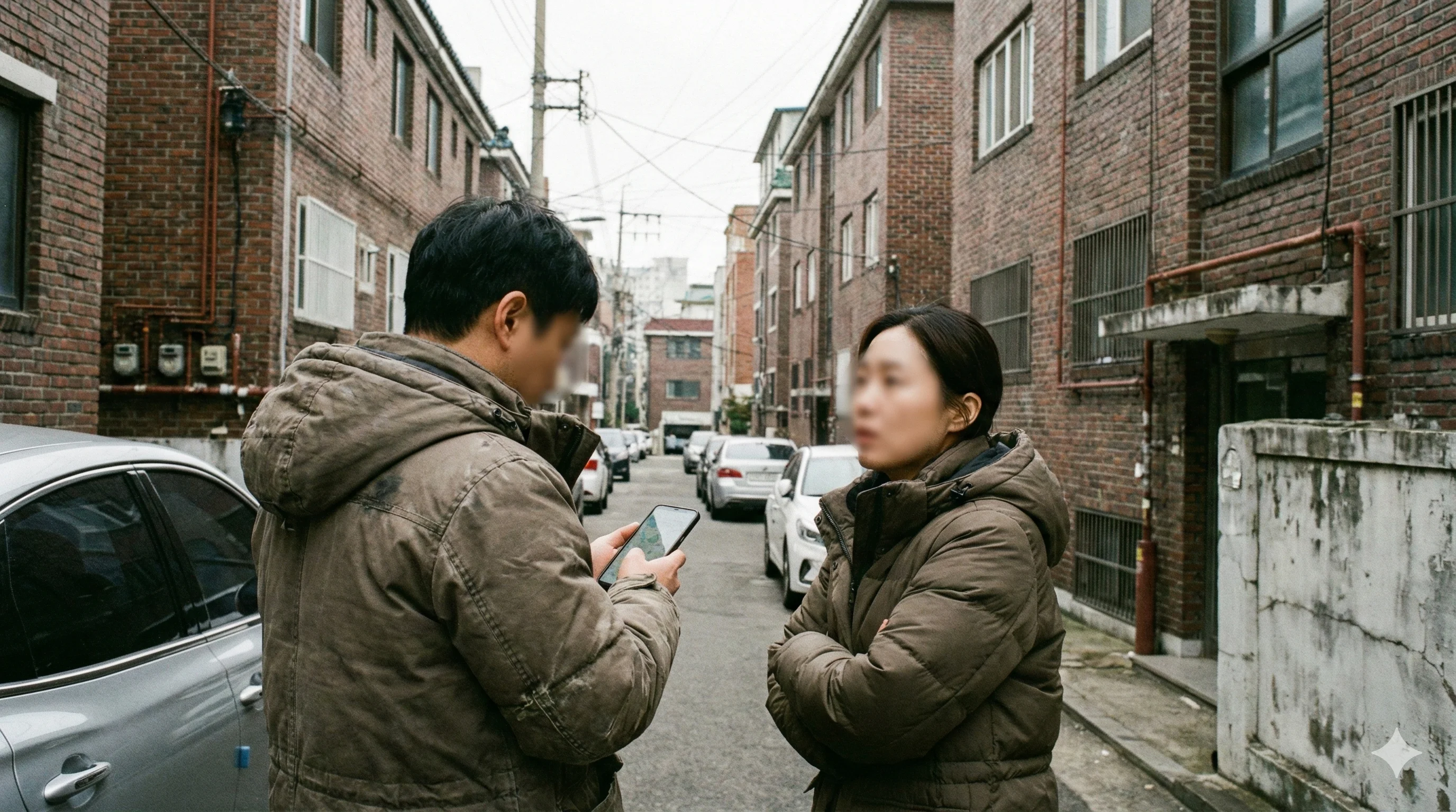 전세 대란으로 아파트를 포기하고 빌라촌 골목길에서 지도를 보며 집을 찾는 30대 부부의 지친 모습