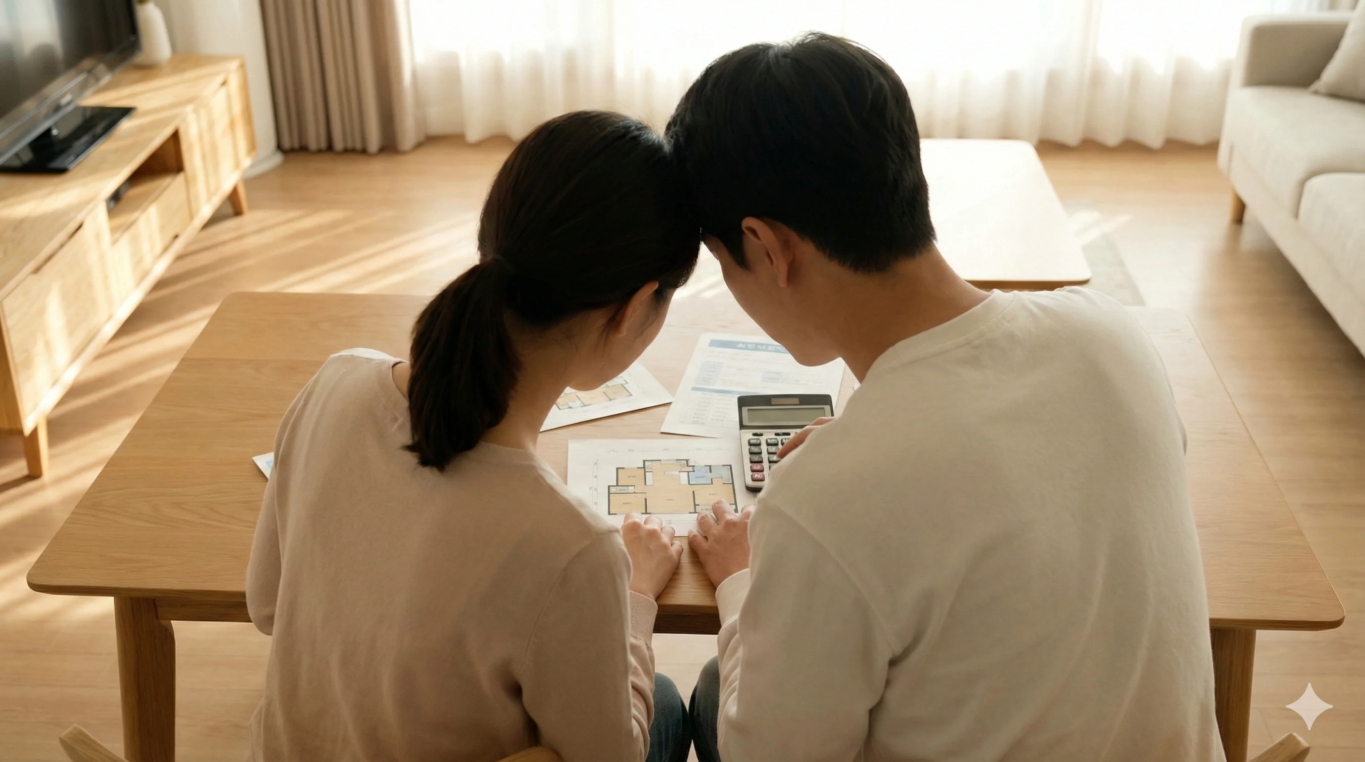 거실에서 아파트 평면도와 계산기를 보며 미래를 위한 이사 계획을 의논하는 30대 부부의 모습