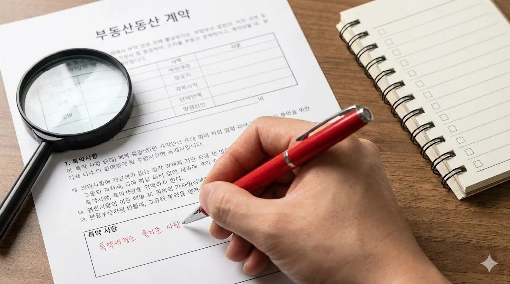 부동산 계약서 특약 사항 란에 빨간 펜으로 대출 반환 조건 등 필수 특약을 꼼꼼하게 적고 있는 손