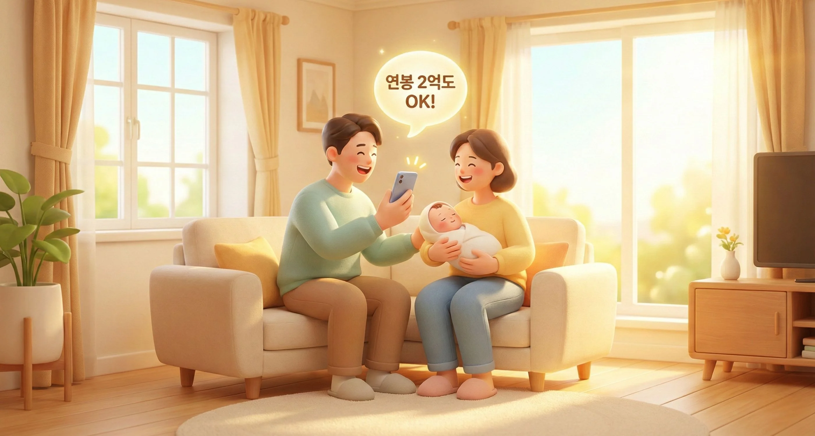 아기를 안고 있는 젊은 맞벌이 부부가 대출 승인 문자를 보고 기뻐하는 모습