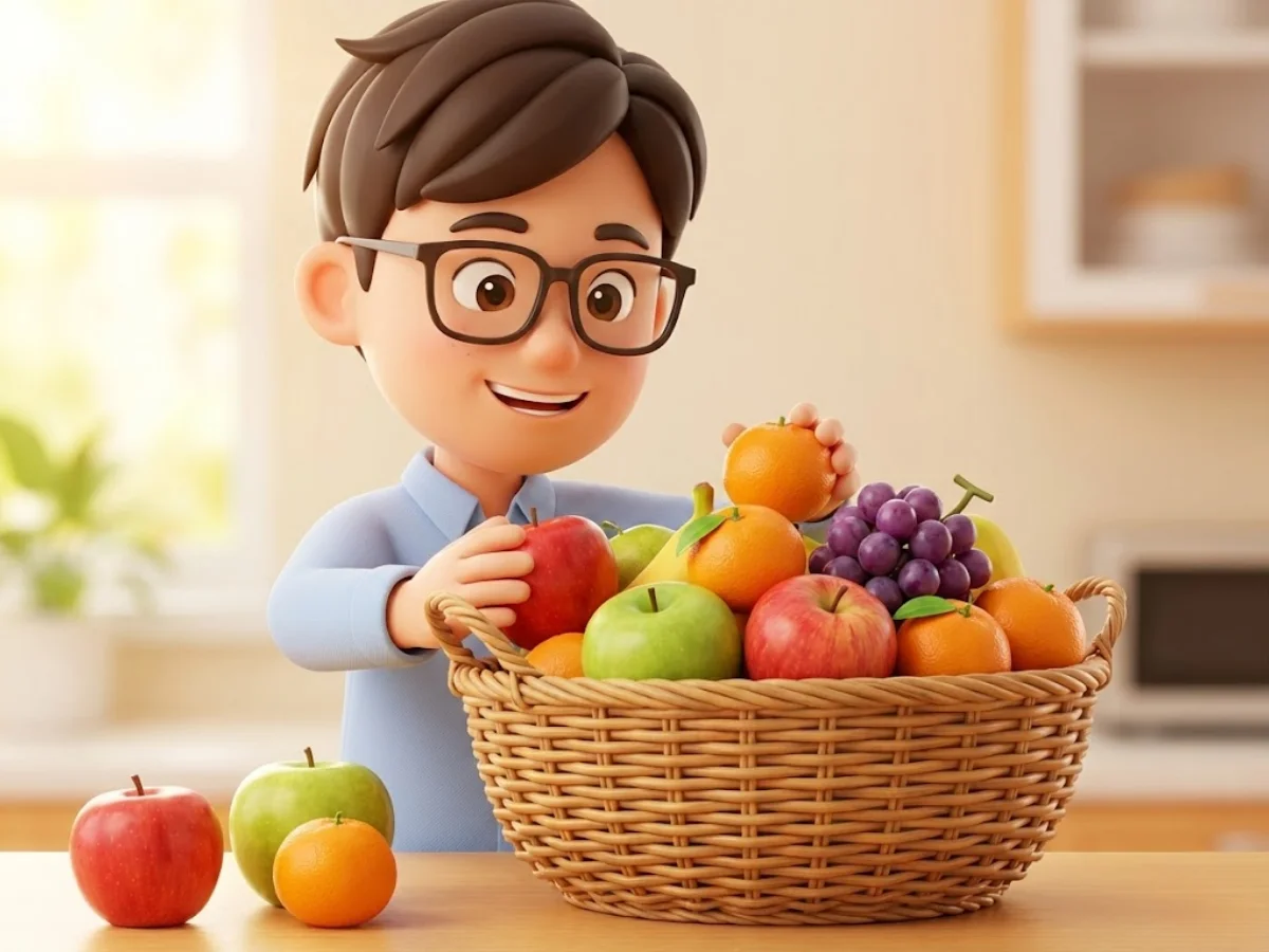 ETF의 원리를 설명하기 위해 여러 과일을 종합 바구니에 담는 귀여운 3D 캐릭터