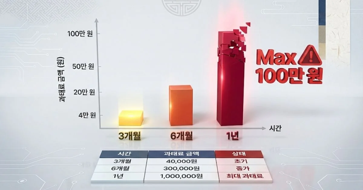 신고 지연 기간에 따라 과태료 금액이 계단식으로 증가하는 그래프와 금액표를 보여주는 3D 스타일 도표