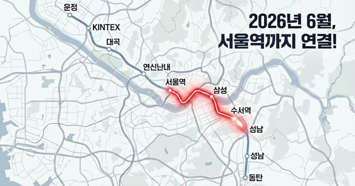 GTX-A 노선도에서 서울역과 수서역 사이가 붉은색 실선으로 연결되어 완전하게 이어진 모습을 보여주는 지도 인포그래픽