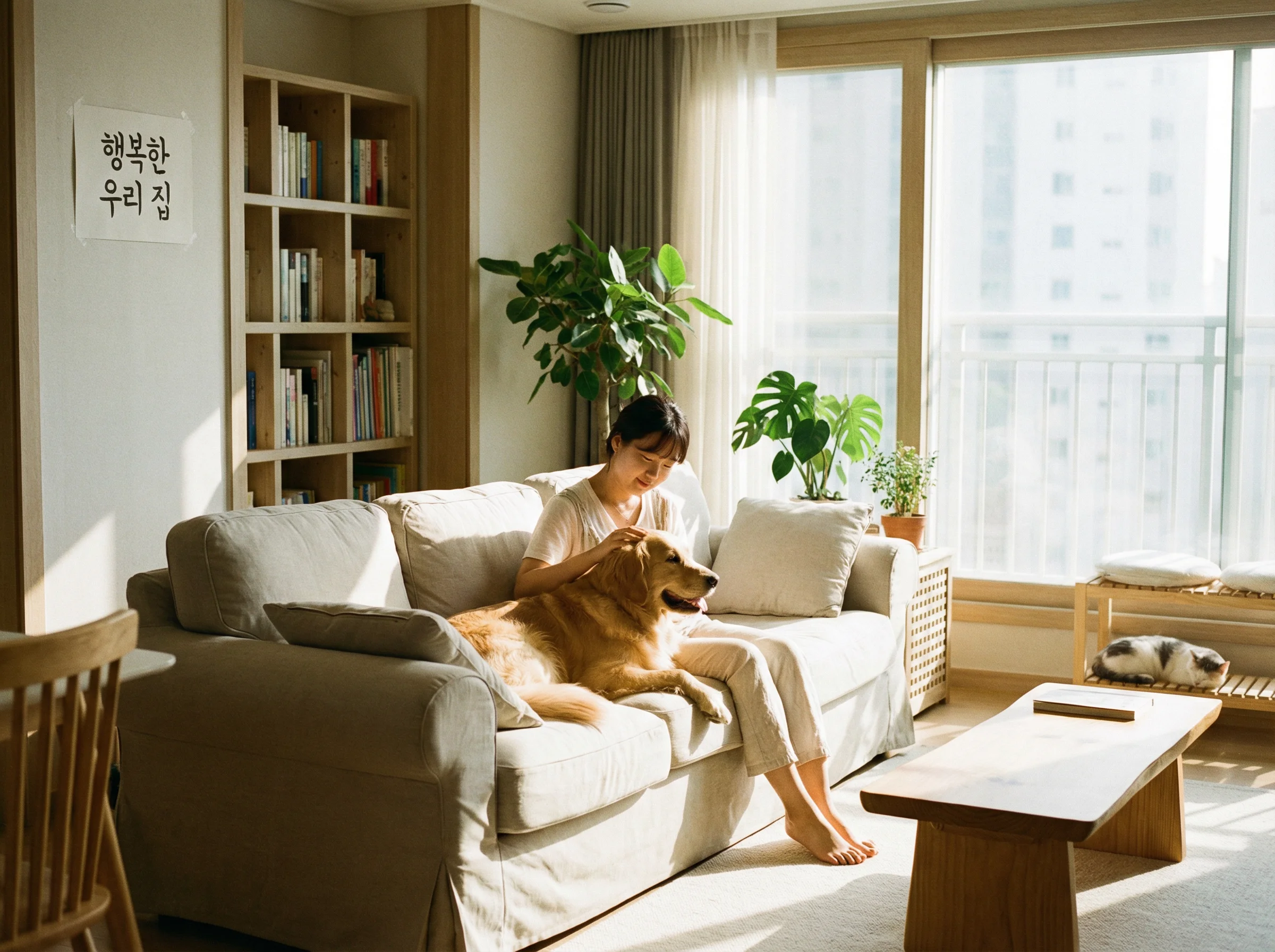 햇살이 비치는 아파트 거실에서 반려견과 함께 편안하게 쉬고 있는 세입자의 모습