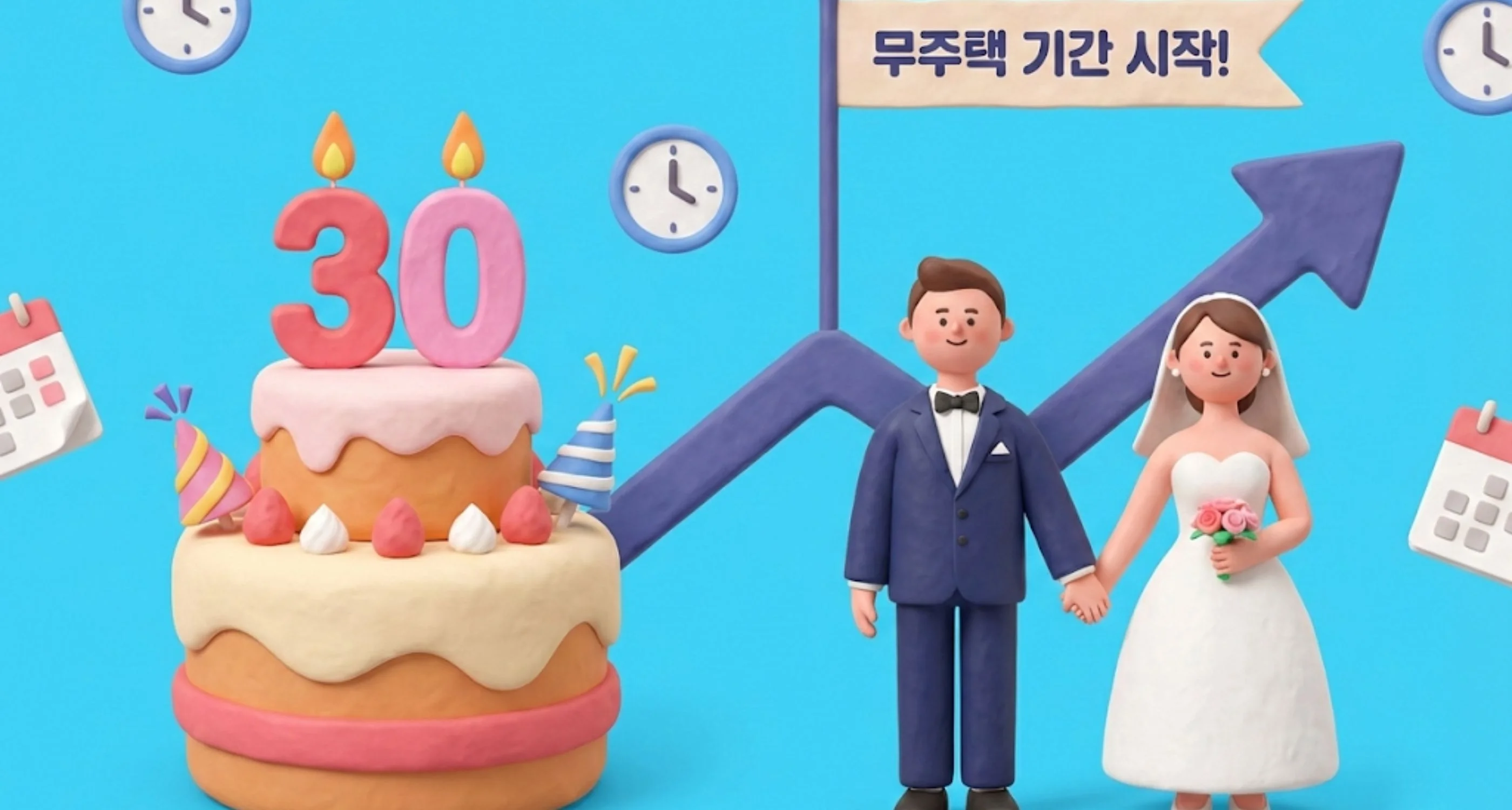 만 30세 생일 케이크와 결혼식 장면을 저울에 올려 무주택 기간 시작점을 비교하는 일러스트