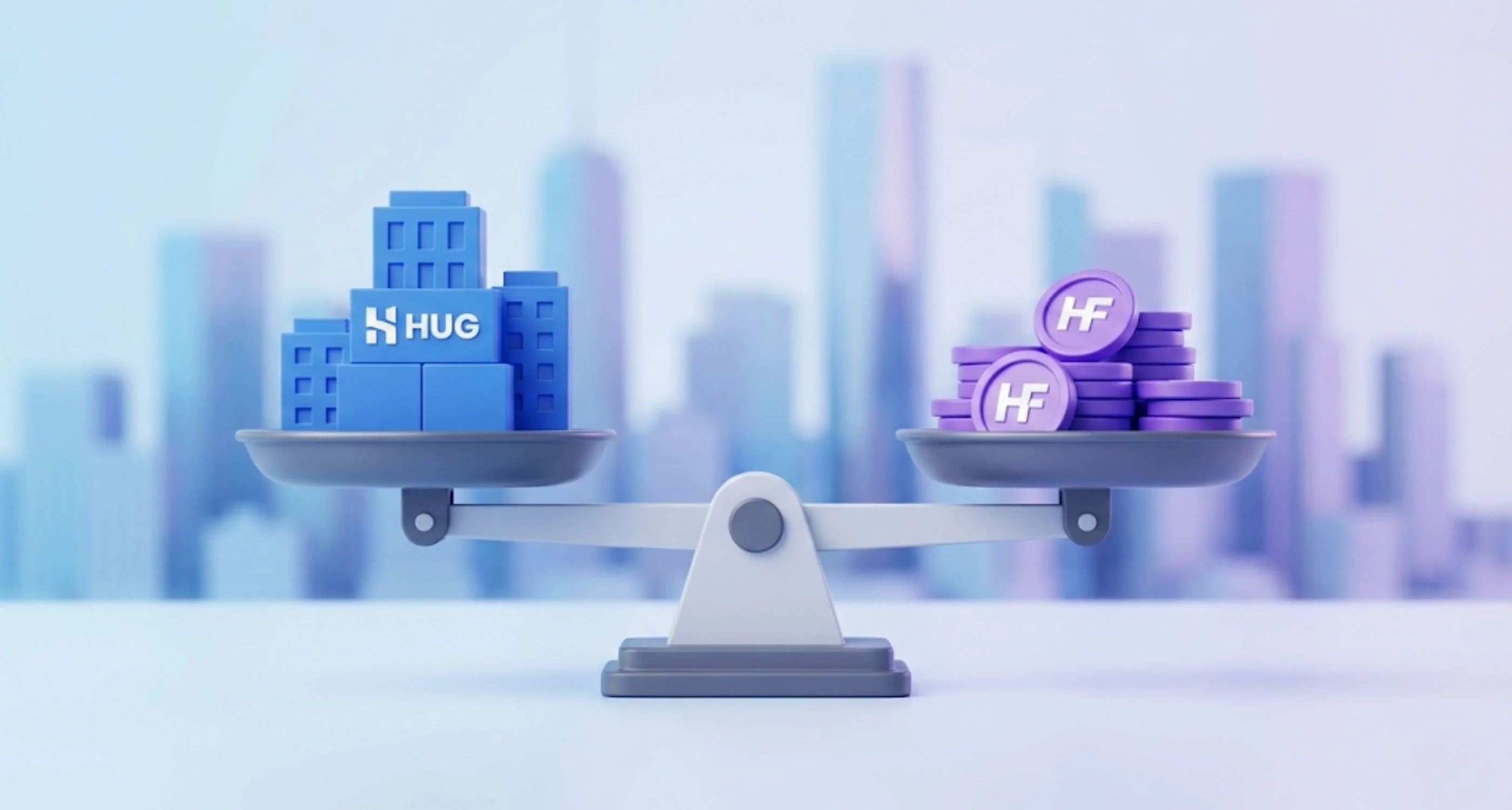 HUG와 HF 로고가 있는 저울, HUG 쪽엔 '간편함', HF 쪽엔 '저렴함'이라는 키워드가 적힌 비교 이미지