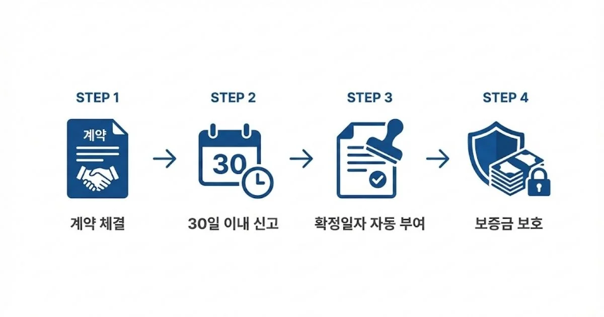 임대차 계약 체결부터 신고, 확정일자 부여까지의 과정을 한눈에 보여주는 깔끔한 플로우차트 인포그래픽