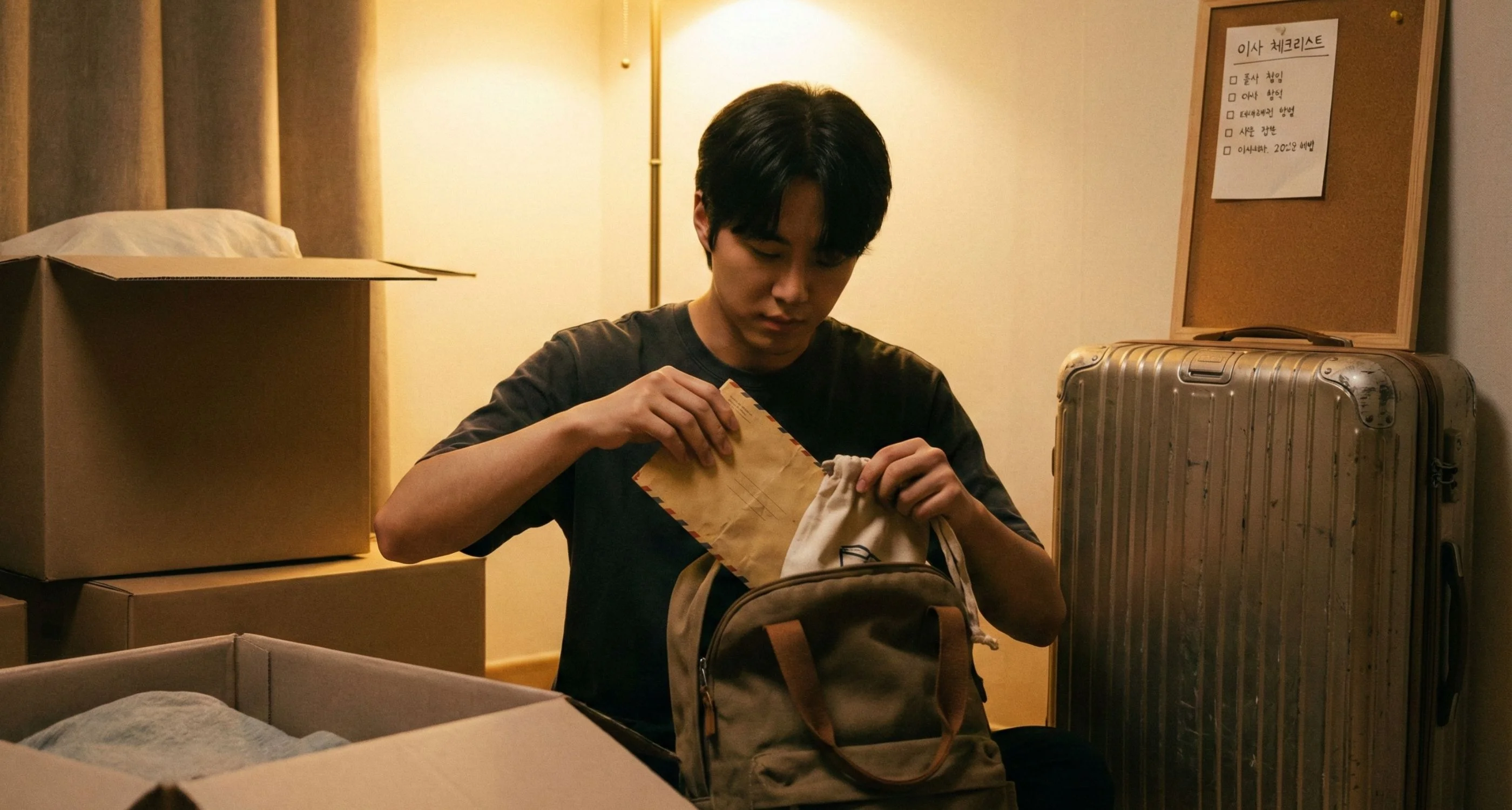 이사 하루 전날 밤, 중요한 귀중품과 서류를 작은 가방에 따로 챙기는 모습