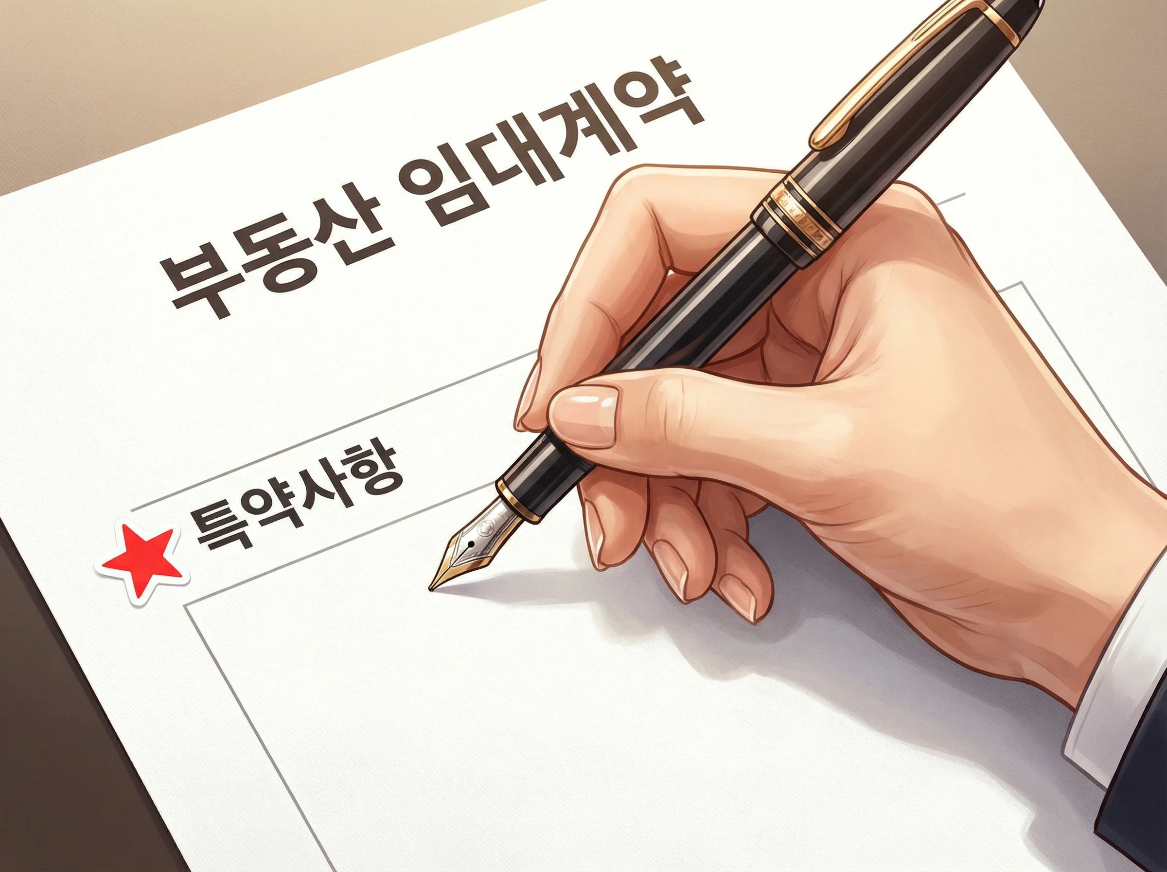 전세 계약서 특약사항 란에 펜으로 꼼꼼하게 글씨를 쓰는 손과 중요 표시