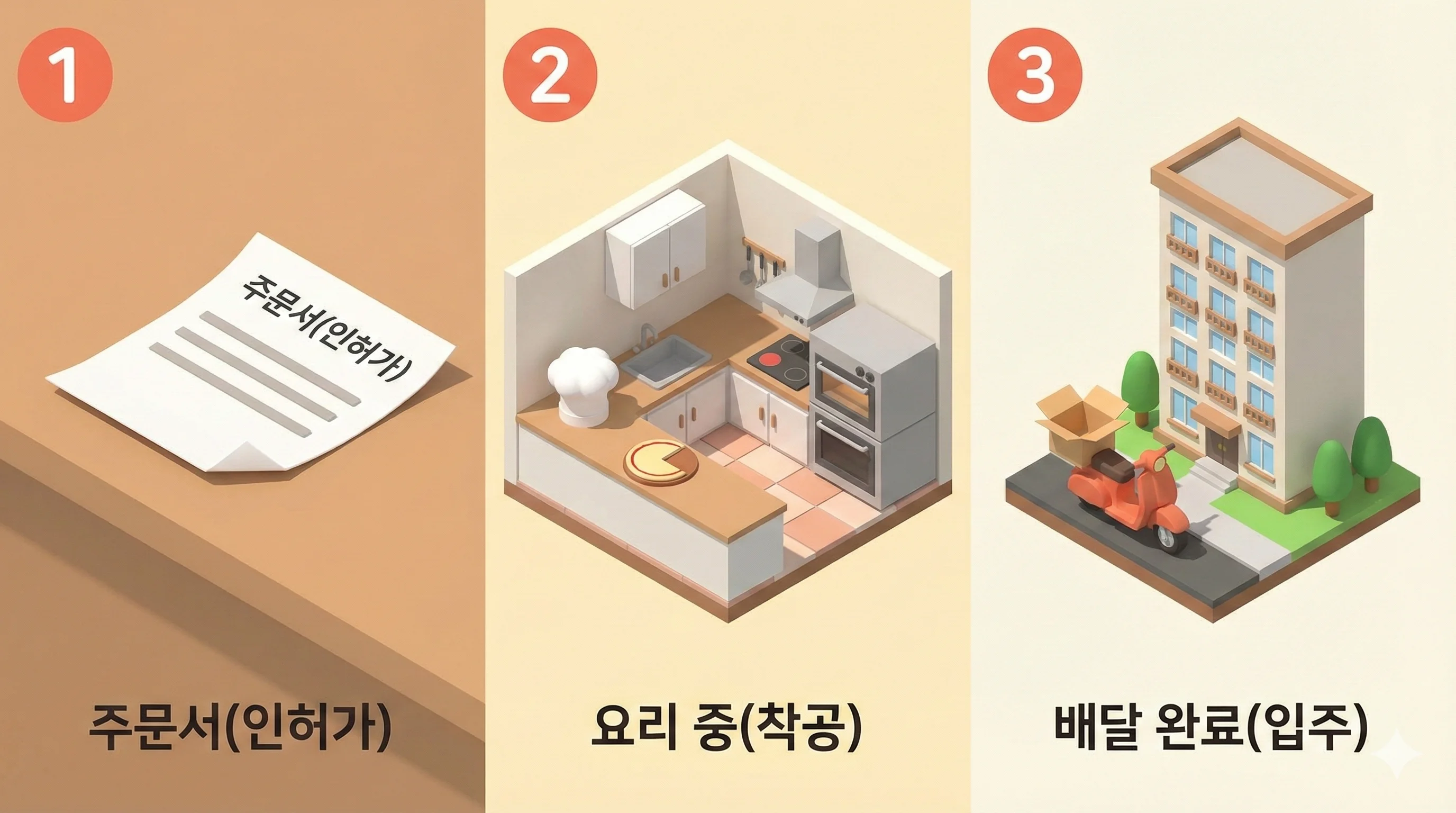 피자 주문은 받았지만 주방이 텅 비어 배달이 오지 않는 상황을 아파트 건설 과정에 비유한 3D 인포그래픽