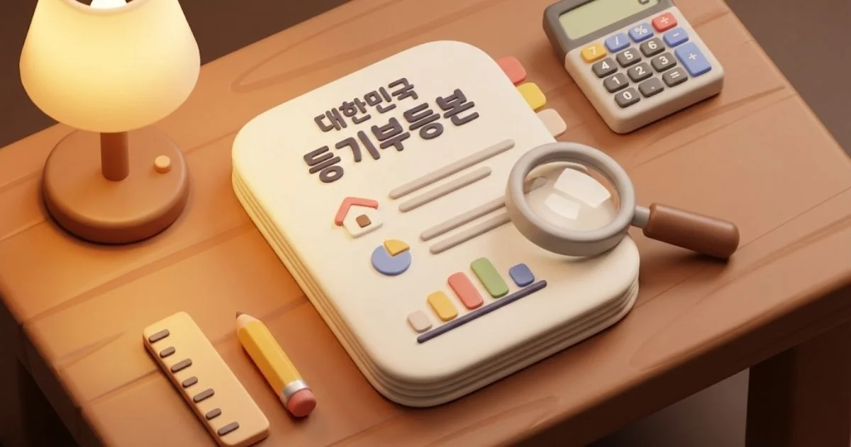 등기사항전부증명서(등기부등본)의 '을구' 부분을 확대경으로 자세히 들여다보는 모습의 고화질 실사