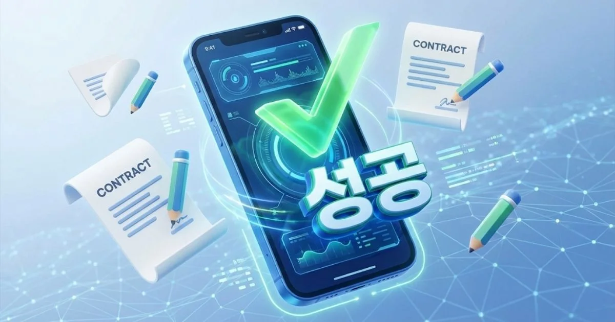 스마트폰 화면 위로 '신고 완료' 체크 표시가 된 3D 아이콘이 떠오르고, 주변에 문서(계약서) 아이콘이 날아다니는 이미지