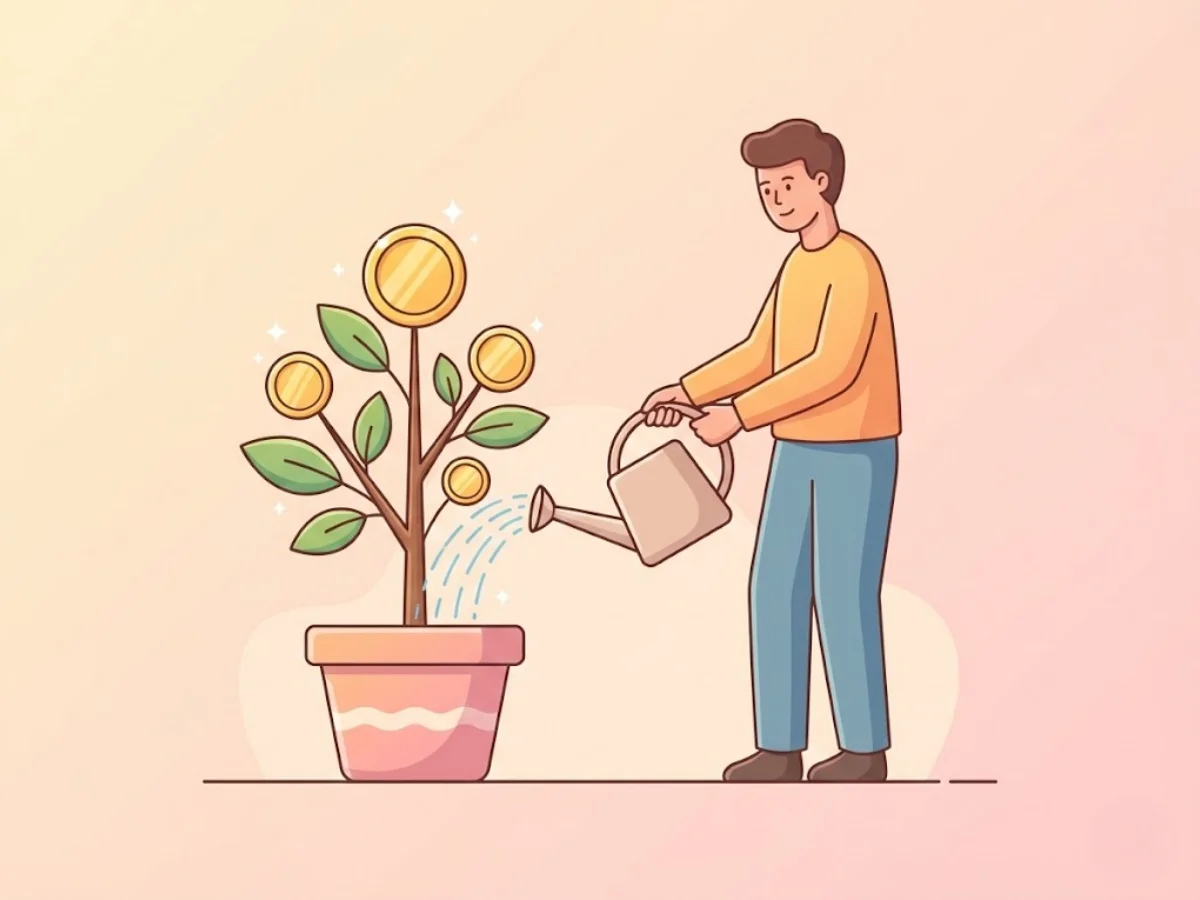 매월 일정한 날짜에 나무에 물을 주며 자산을 키우는 적립식 투자 일러스트