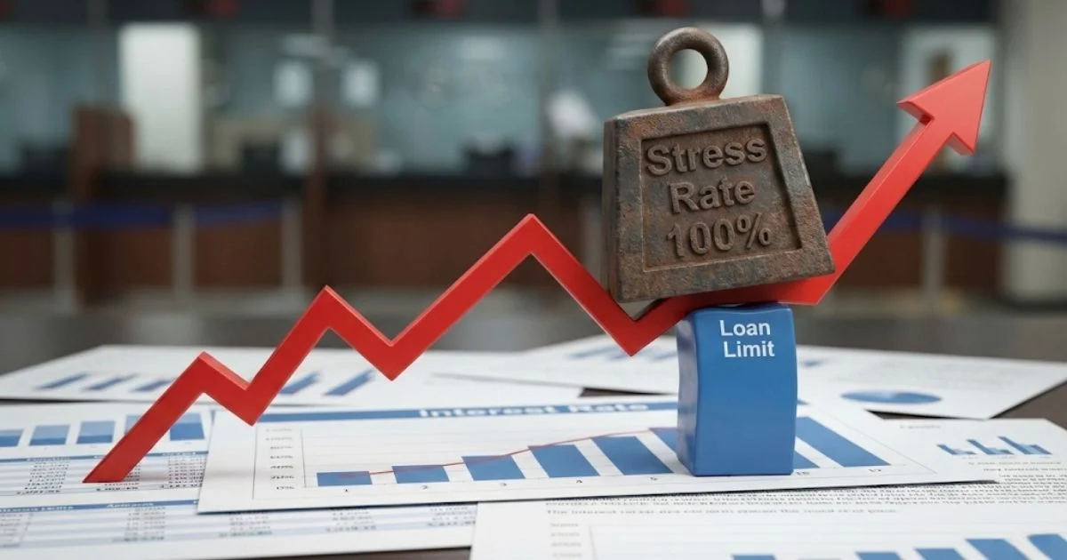 상승하는 금리 그래프 위에 무거운 추가(스트레스 금리)가 얹혀 대출 한도 막대가 눌려 낮아지는 모습을 표현한 인포그래픽 스타일의 실사