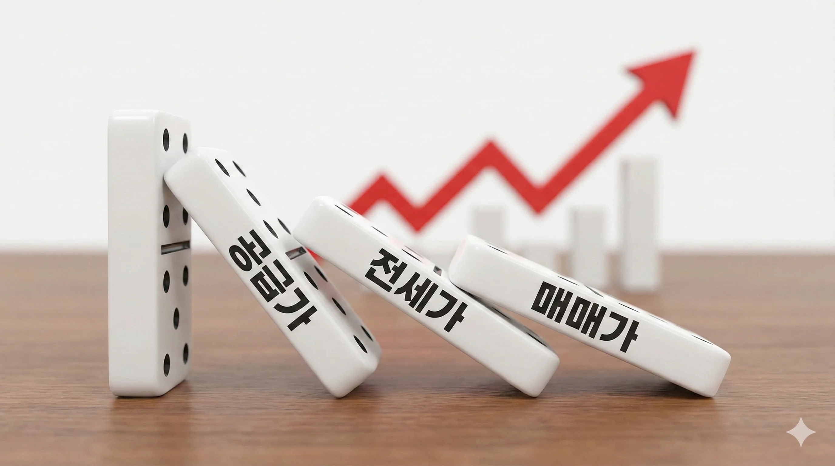 공급 부족이 전세가 상승을 일으키고, 이것이 다시 매매가 상승으로 이어지는 도미노 효과 그래픽