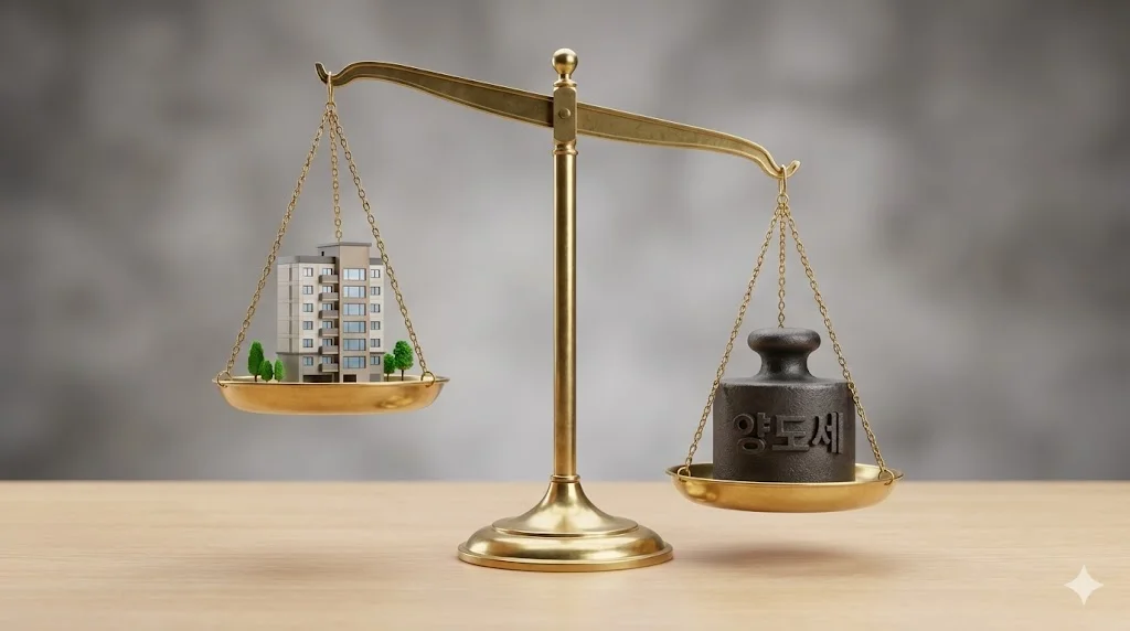 집값 상승에 따른 세금의 무게감을 표현한 3D 저울 이미지, 한쪽엔 집 다른쪽엔 TAX 추