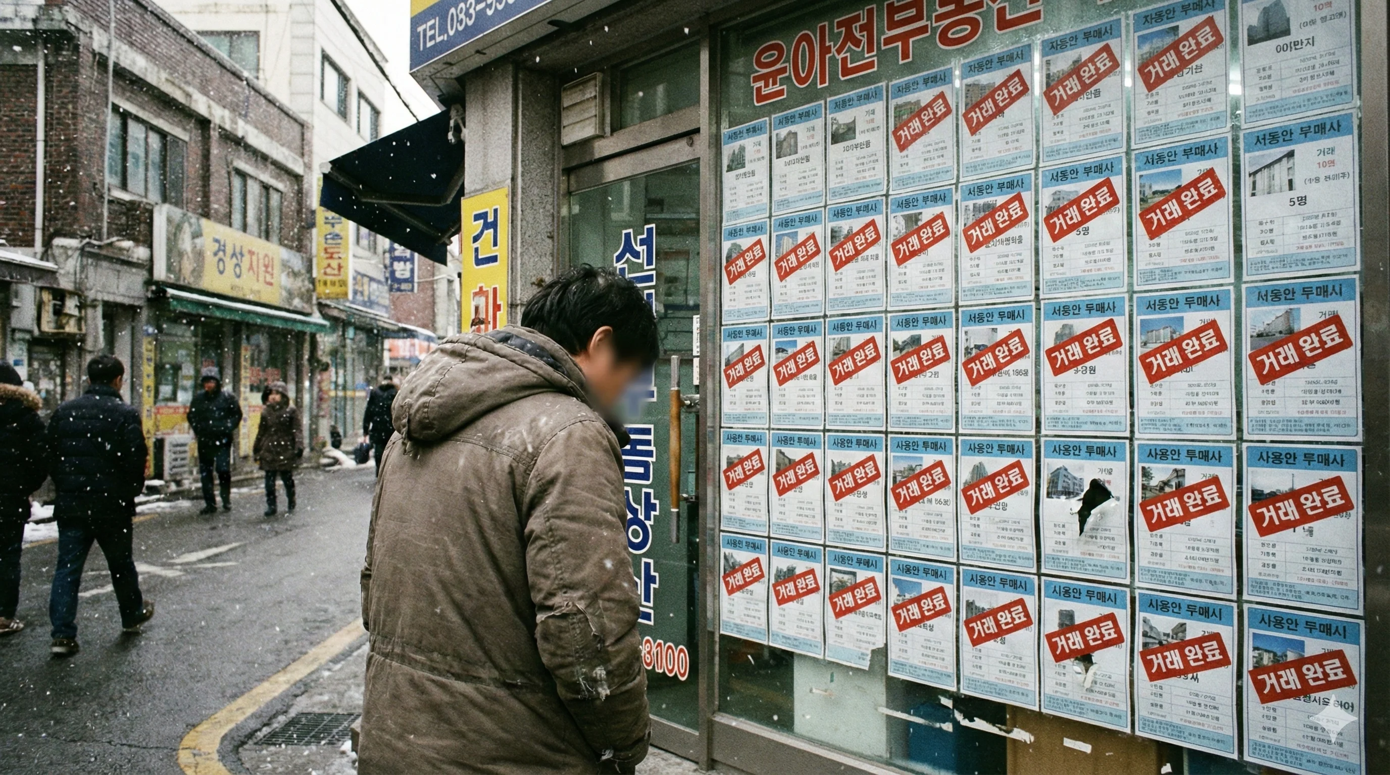 전세 대란 속 부동산 중개업소 유리창의 거래 완료 매물표를 보며 한숨 쉬는 30대 남성 세입자의 뒷모습