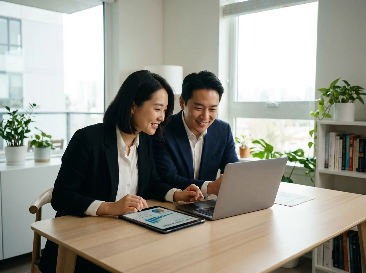 청약 잔금 대출 금리 비교를 위해 스마트 기기를 확인하는 부부