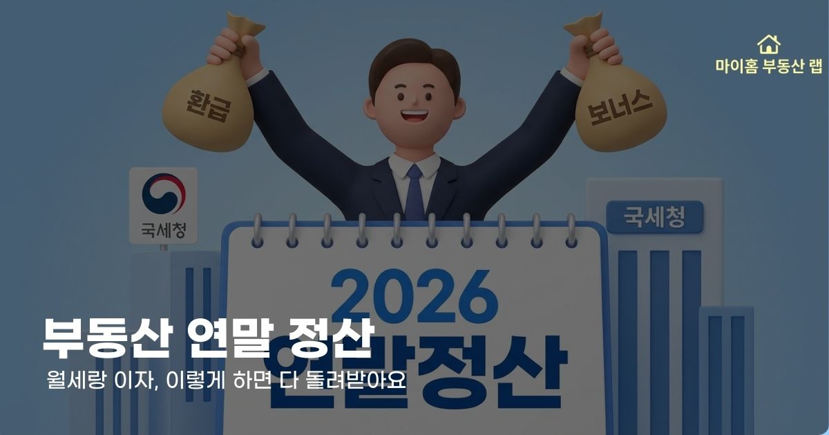 2026년 부동산 연말정산으로 월세와 이자를 환급받아 기뻐하는 직장인의 모습을 표현한 이미지