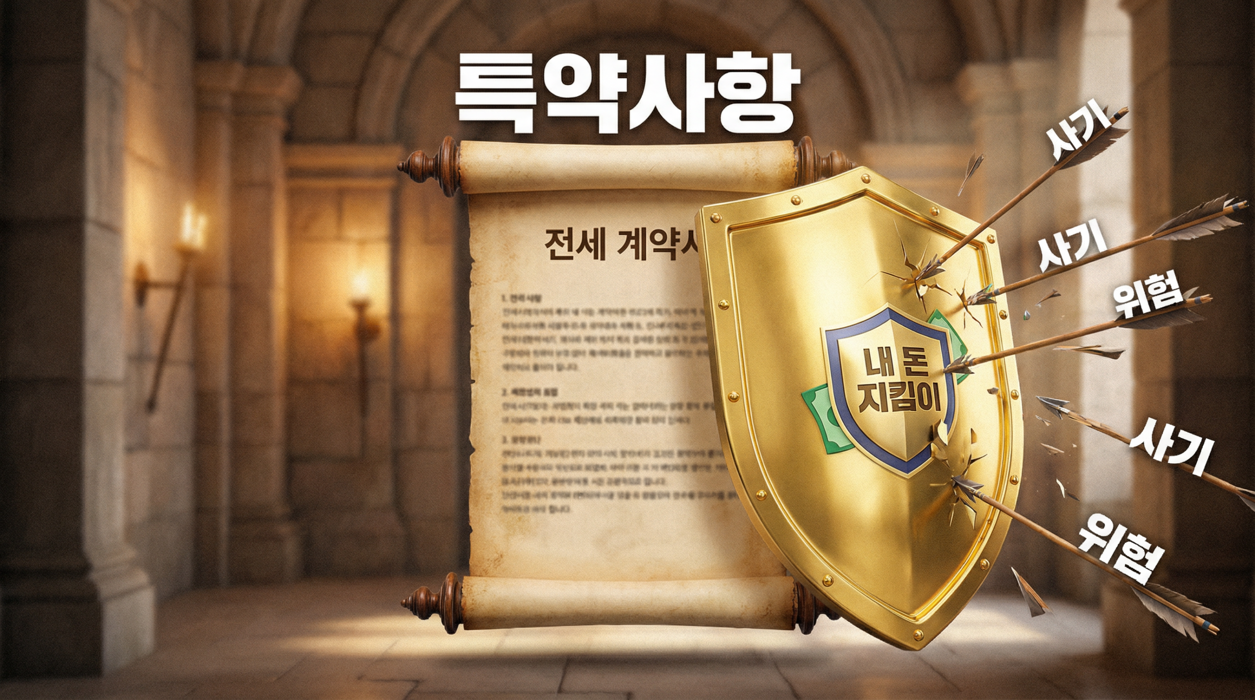 전세 계약서 중요 특약사항을 강조하며 방패로 보증금을 지키는 모습