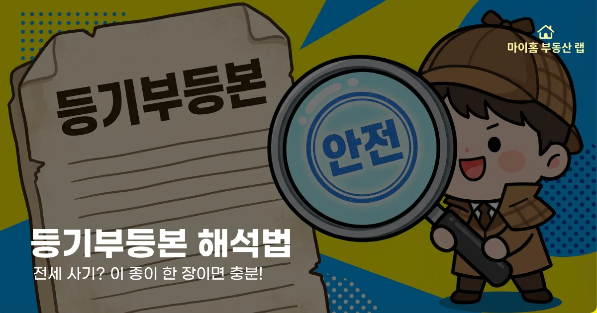 돋보기를 들고 등기부등본을 꼼꼼하게 살피며 안전한 집인지 확인하는 탐정 캐릭터